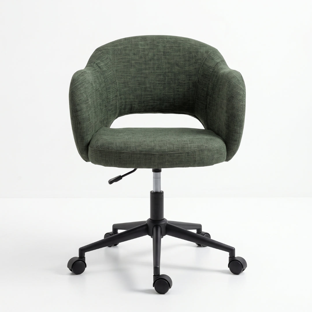 Silla giratoria verde con respaldo abierto – vista de frente