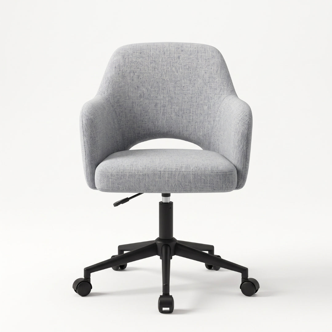 Silla giratoria gris con respaldo abierto – vista de frente