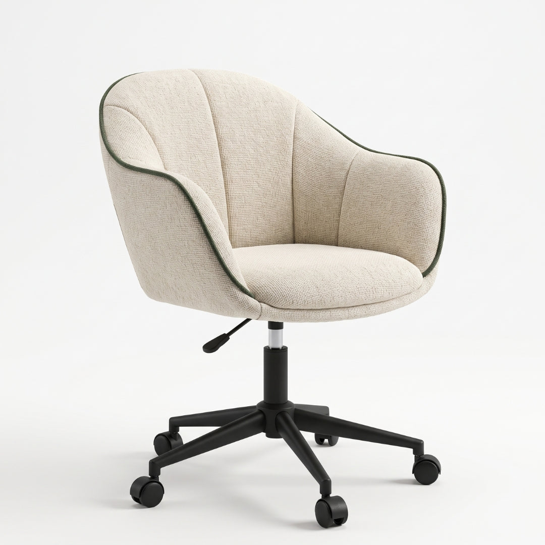 Silla giratoria beige con ribete verde – vista frontal