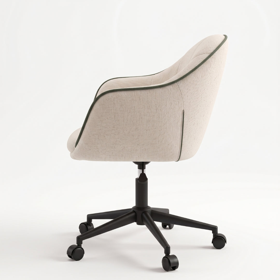 Silla giratoria beige con ribete verde – vista lateral