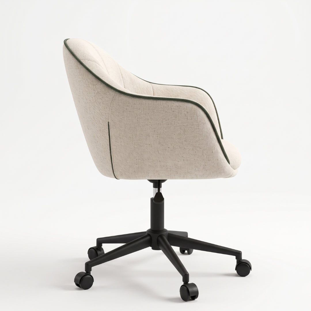 Silla giratoria beige con ribete verde – vista trasera