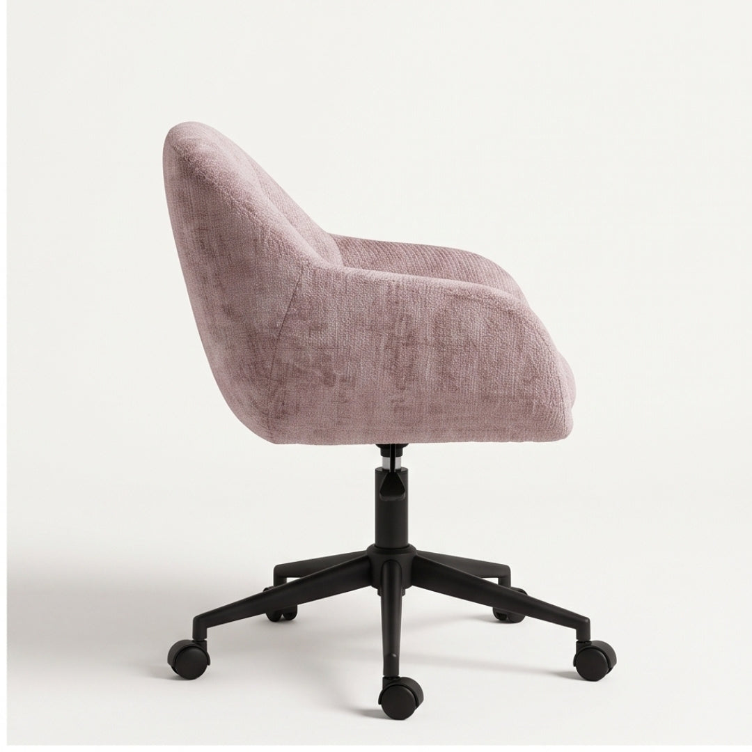Silla giratoria de chenilla rosa – vista lateral