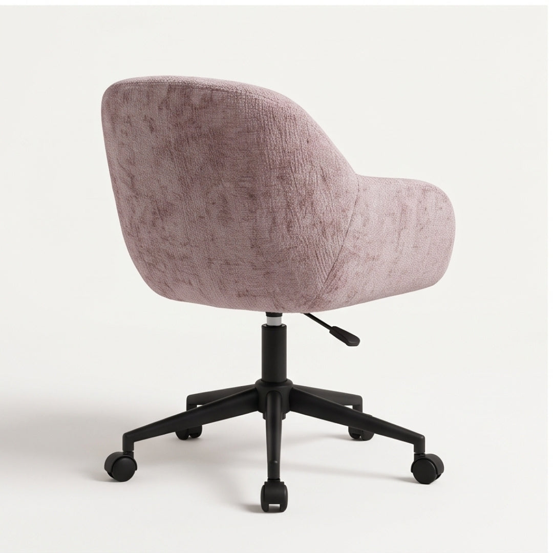 Silla giratoria de chenilla rosa – vista trasera lateral