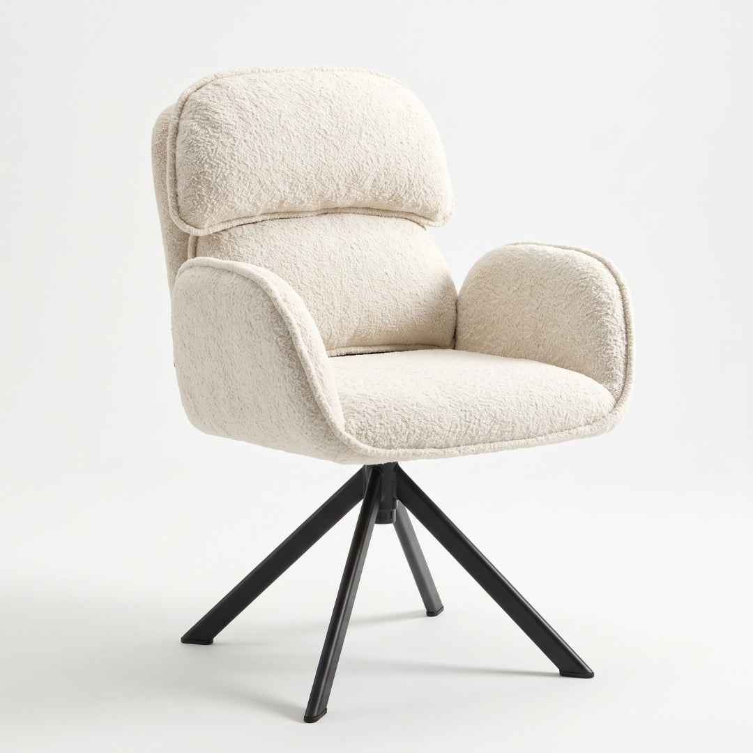 Silla giratoria bouclé crema con cabecera – vista frontal