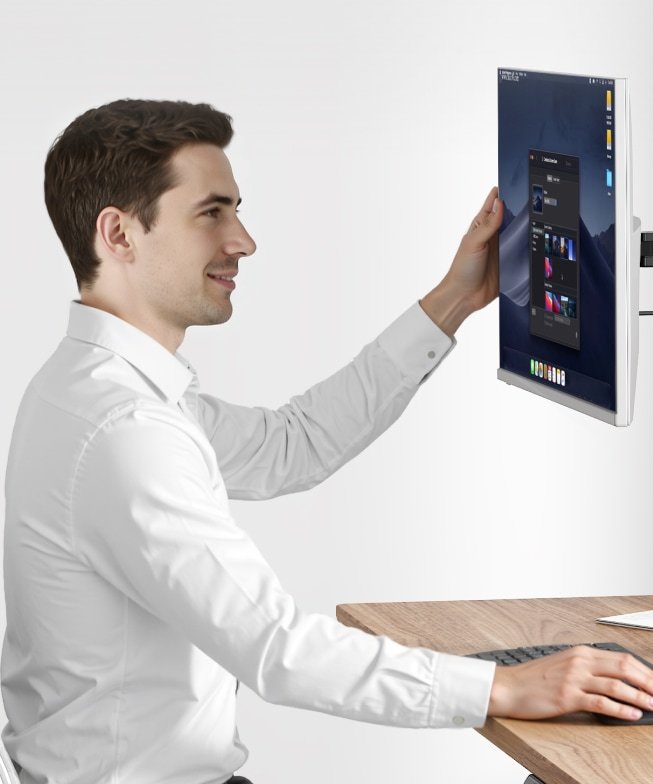 Persona ajustando con una mano el monitor sostenido por el brazo F5