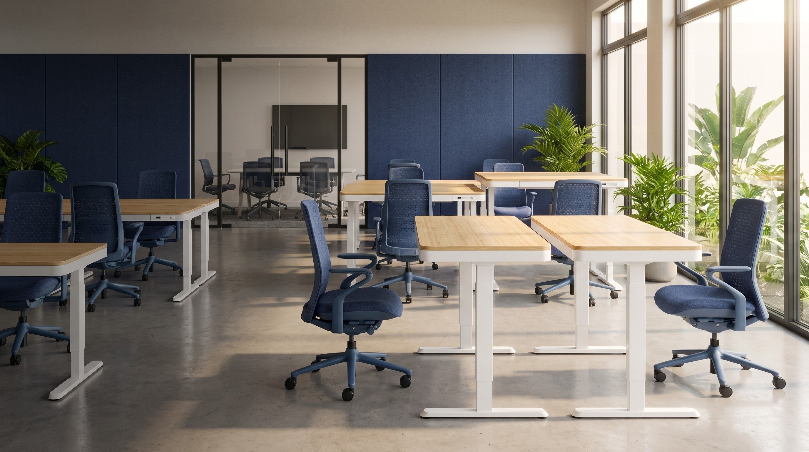Oficina equipada con escritorios elevables FlexiSpot y sillas Poly