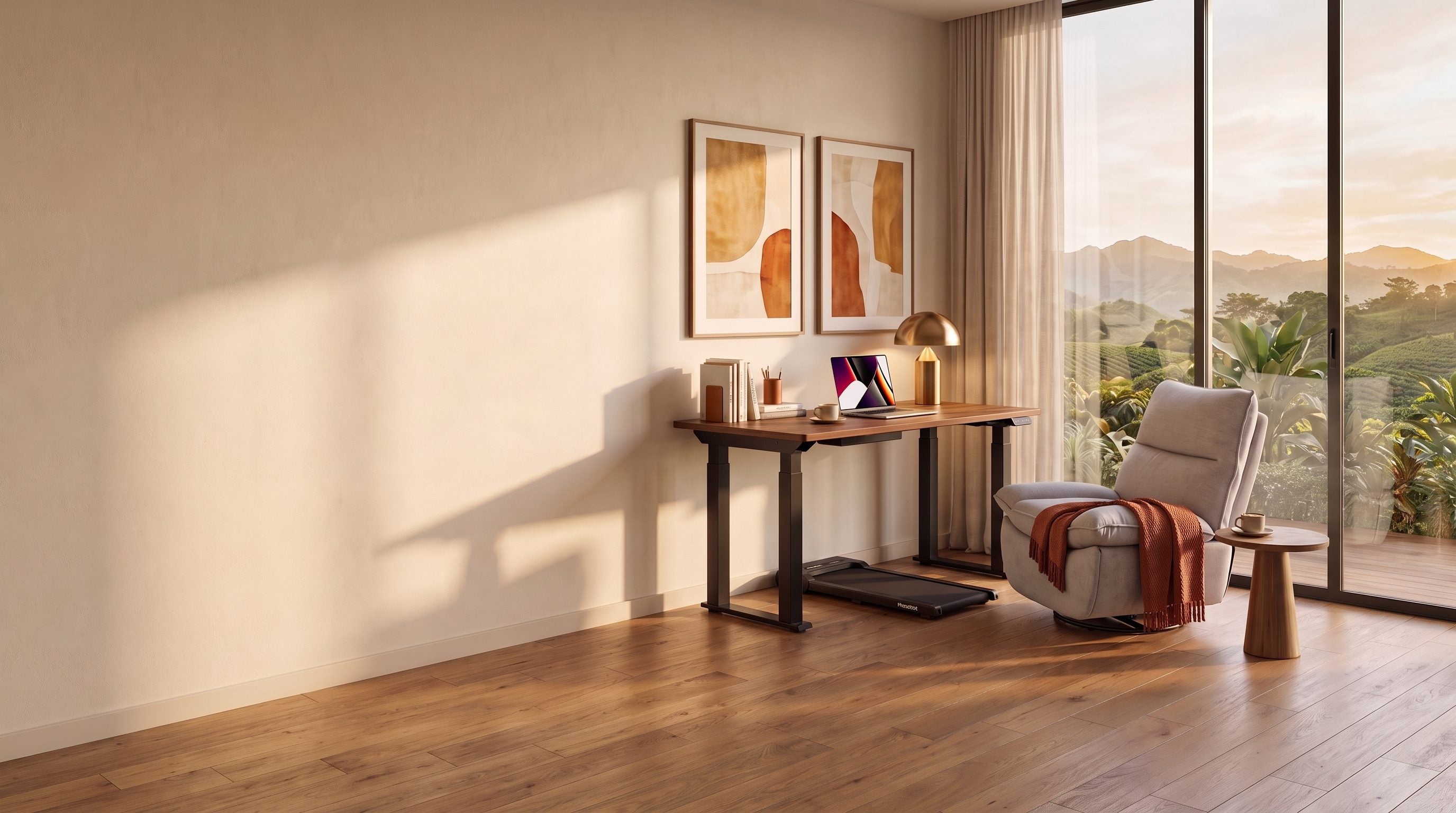 Escritorio con base FlexiSpot E7Q, caminadora WPM02 debajo y sillón reclinable XC6 junto a una ventana con vista a cafetales