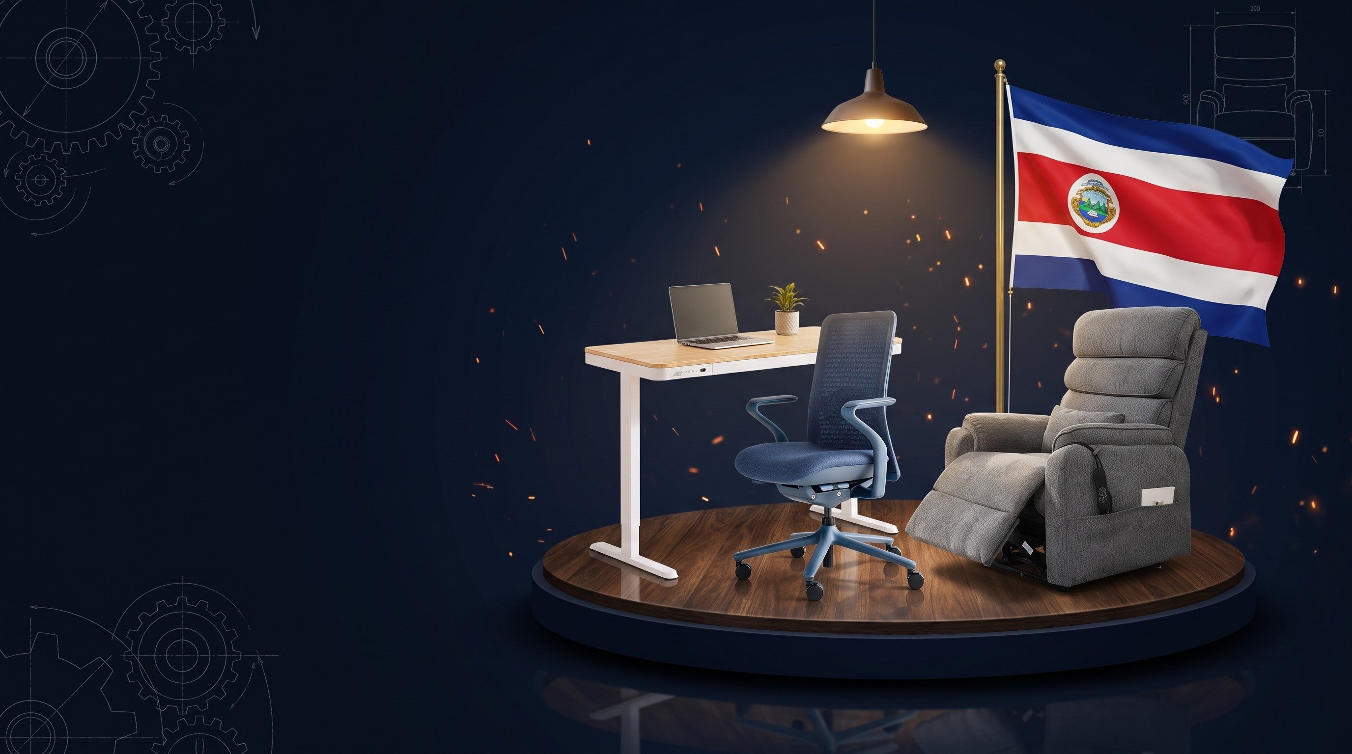Silla Poly, escritorio E9 y sillón XL6 con la bandera de Costa Rica
